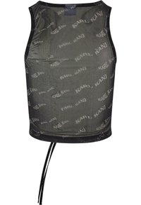 Svart mesh tank topp med et all-over grått "KARL KANI" logo mønster og justerbare snorer i nederste kant. Delvis gjennomsiktig materiale.