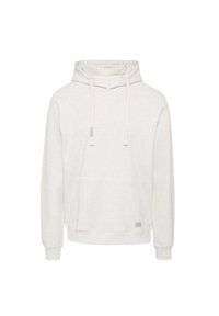 Sudadera de color gris claro con capucha ajustable, puños acanalados y un bolsillo tipo canguro. Textura suave y corte relajado con un pequeño detalle de etiqueta.