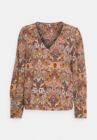 Blusa a maniche lunghe con scollo a V profondo, realizzata in tessuto testurizzato con intricati motivi paisley nelle tonalità di arancio, viola e crema.