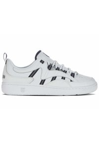 White leather sneakers with gray accents, perforated texture, flat laces, and a rubber sole featuring a textured pattern and logo detail.