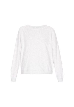 Light grey sweatshirt, soft texture, round neck, dropped shoulders, and long sleeves. Features a ribbed hem and cuffs.