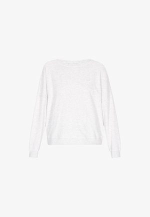 Light grey sweatshirt, soft texture, round neck, dropped shoulders, and long sleeves. Features a ribbed hem and cuffs.