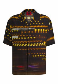 Short-sleeve shirt made of smooth fabric, featuring a black base with yellow and white light patterns, and a red logo label on the hem.