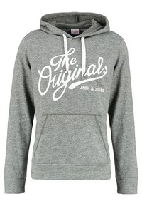 Felpa grigia realizzata in tessuto morbido, con tasca a canguro, cappuccio con cordino e un design testuale bianco che recita "The Originals JACK & JONES."
