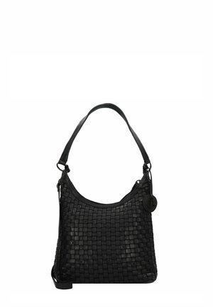 Borsa a tracolla in pelle nera intrecciata con forma arrotondata, tracolla regolabile e un accento decorativo in metallo circolare. Chiusura con zip.