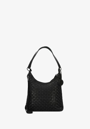 Borsa a tracolla in pelle nera intrecciata con forma arrotondata, tracolla regolabile e un accento decorativo in metallo circolare. Chiusura con zip.
