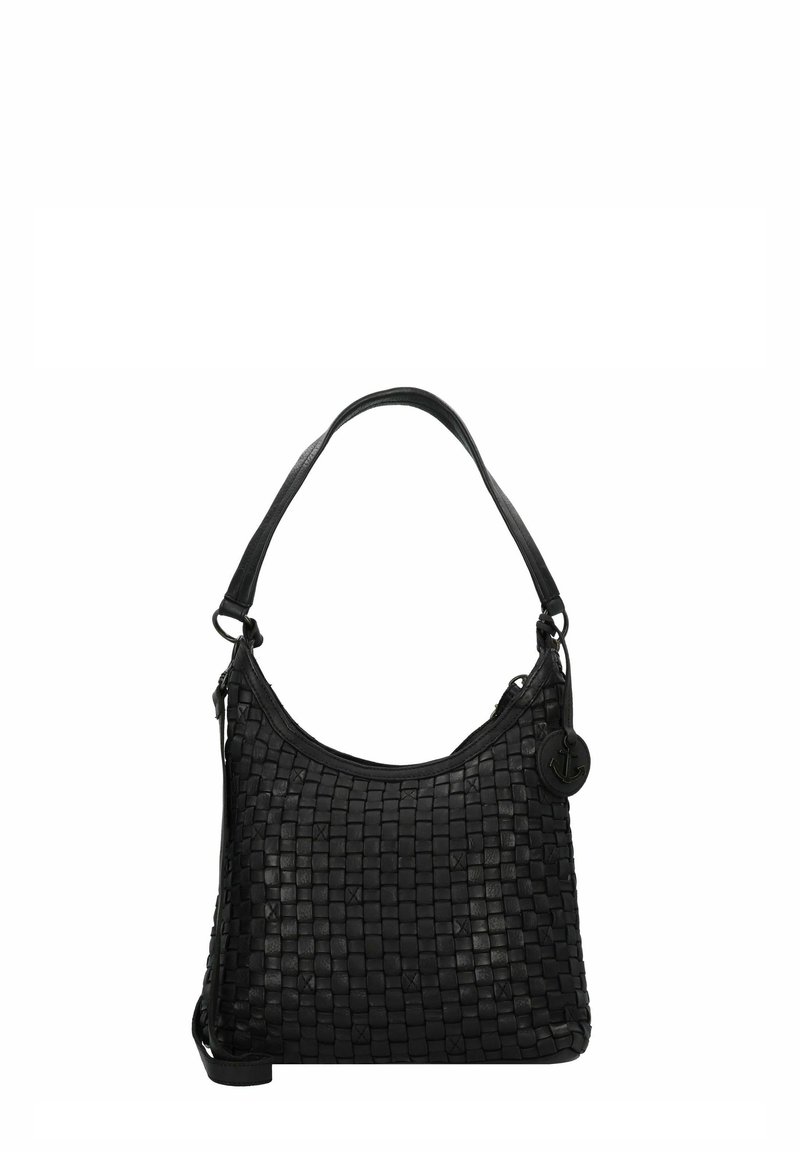 Borsa a tracolla in pelle nera intrecciata con forma arrotondata, tracolla regolabile e un accento decorativo in metallo circolare. Chiusura con zip.