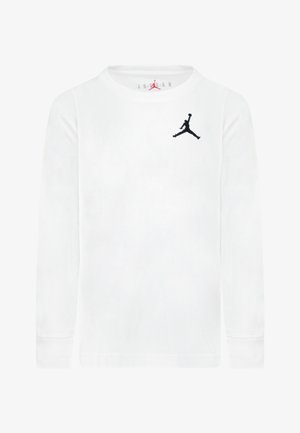 White long-sleeve T-shirt made of cotton, featuring a black Jumpman logo on the chest and a round neckline with ribbed cuffs.
