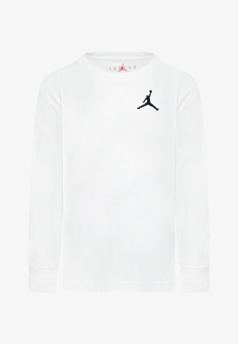 Wit T-shirt met lange mouwen, gemaakt van katoen, met een zwart Jumpman-logo op de borst en een ronde halslijn met geribbelde boorden.