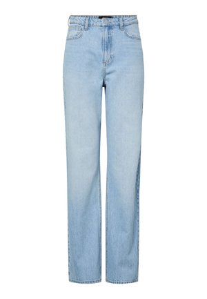 Gaiši zili taisnas kājas džinsi ar augstu vidukli, priekšējām kabatām, jostas cilpām un aizdari ar pogu un rāvējslēdzēju uz balta fona.