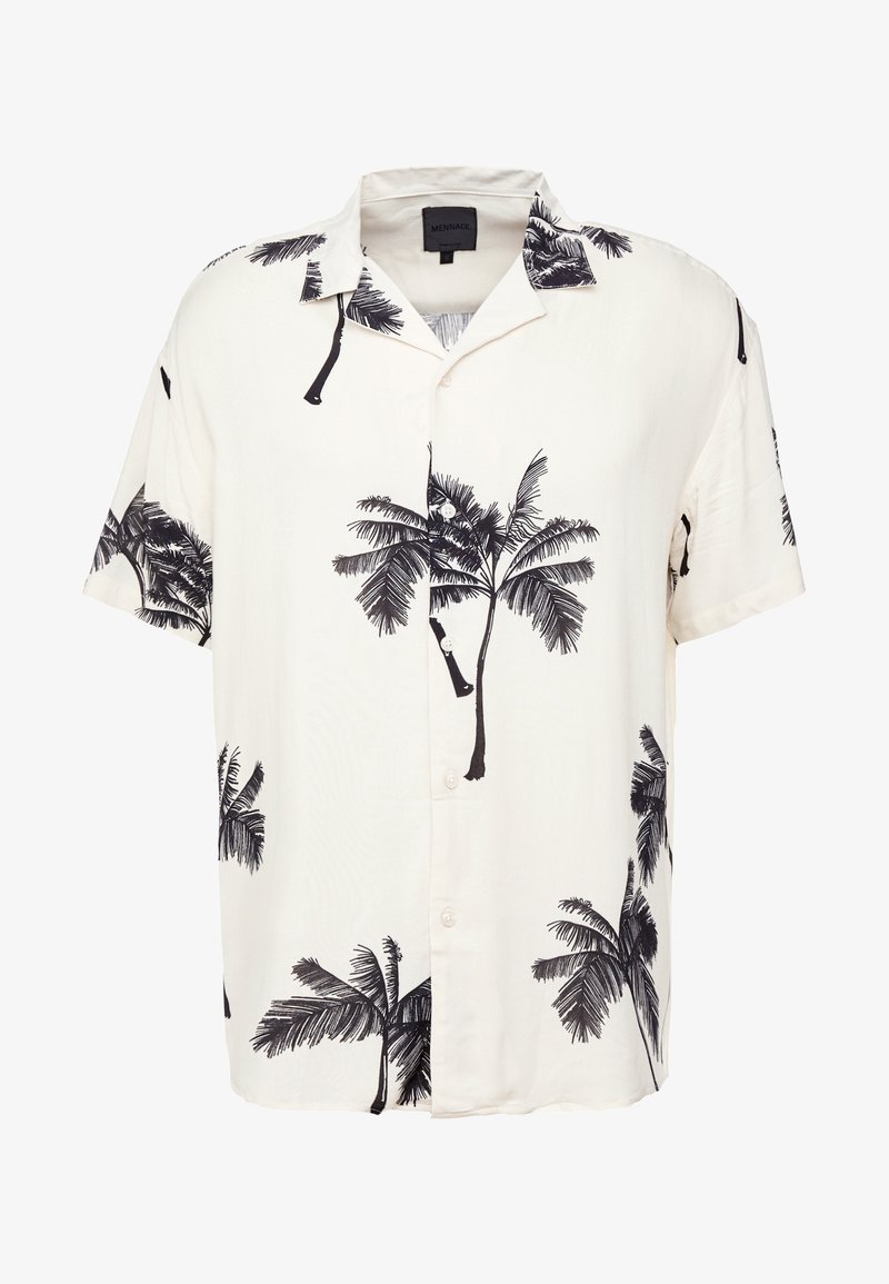 Chemise blanche à manches courtes, boutonnée, avec un imprimé noir de palmiers et un col large.