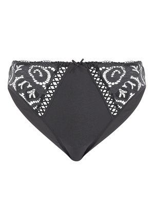 Bikini-Unterwäsche für schwarze Frauen mit Spitzeneinsätzen, die runde und florale Muster zeigen, sowie einer kleinen Schleife vorne.