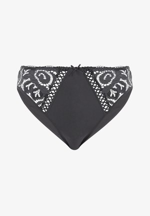 Bikini-Unterwäsche für schwarze Frauen mit Spitzeneinsätzen, die runde und florale Muster zeigen, sowie einer kleinen Schleife vorne.
