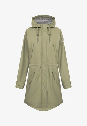Lange olijfgroene waterdichte jas met capuchon, voorrits, verstelbare trekkoorden, klepzakken en lange mouwen met manchetdetails.