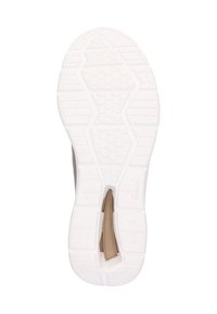 Weiße Gummisohle mit strukturierten Griffmustern und einem Wabenmuster. Die Seite verfügt über eine flexible Nut für verbesserte Beweglichkeit.