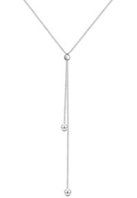 Collier argenté en forme de Y avec une perle coulissante et trois chaînes pendantes, chacune se terminant par une petite sphère en argent.