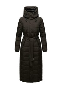 Manteau long et duffle en brun foncé, avec une capuche, une taille ceinturée et des poignets côtelés. Conception rembourrée avec une texture matelassée et des poches zippées.