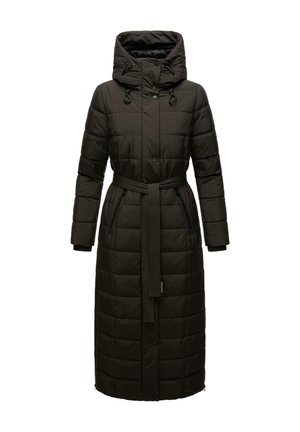 Long puffy coat in dark brown, featuring a hood, belted waist, and ribbed cuffs. Padded design with quilted texture and zipper pockets.