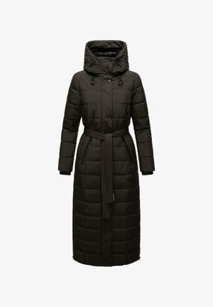Long puffy coat in dark brown, featuring a hood, belted waist, and ribbed cuffs. Padded design with quilted texture and zipper pockets.