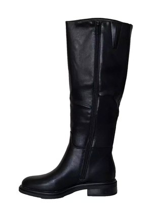 Stivale nero in pelle alto con cerniera laterale e tacco basso, finitura liscia, progettato per un utilizzo casual o formale.