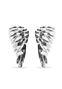 Pendientes plateados en forma de alas, con un diseño texturizado con crestas y una superficie reflectante, que muestra un detalle intrincado.