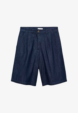 Dunkelblaue Jeansshorts mit geradem Schnitt, Vorderfalten, Knopfverschluss und zwei Seitentaschen. Glatte Textur mit dezenten Nähten.