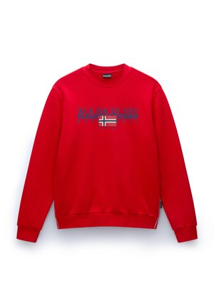 Sudadera roja de cuello redondo con mangas largas, que presenta un estampado azul de "NAPAPIJRI geographic" y un detalle de la bandera noruega. Textura suave, corte relajado.