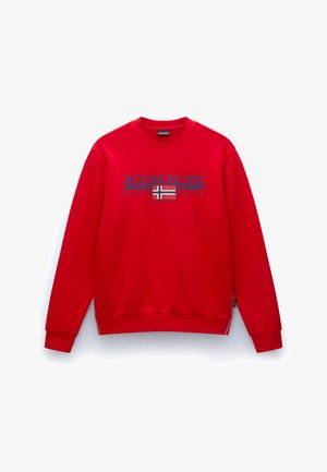 Rød crewneck sweatshirts med lange ærmer, prydet med et blåt print af "NAPAPIJRI geographic" og et detalje af det norske flag. Blød tekstur, afslappet pasform.