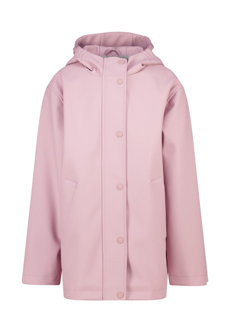 Pink waterproof jacket with a hood, front snap buttons, and side pockets. Smooth texture and relaxed fit design.