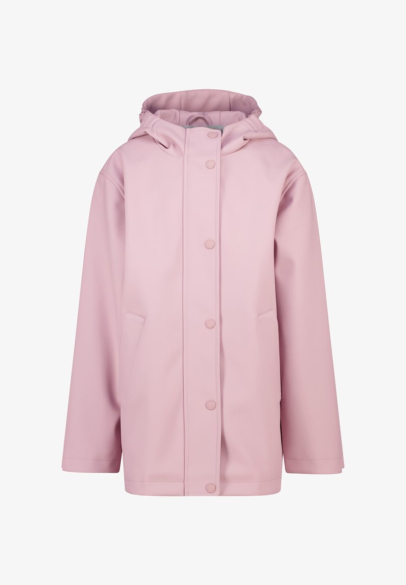 Pink waterproof jacket with a hood, front snap buttons, and side pockets. Smooth texture and relaxed fit design.
