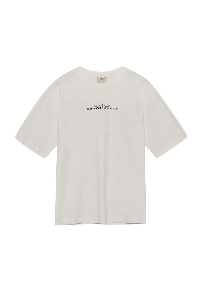 Witte T-shirt met korte mouwen, gemaakt van katoen, met een druk aan de voorkant met de tekst "OFF DUTY GEAR HALO 1986/972/1981." Ronde halsontwerp.