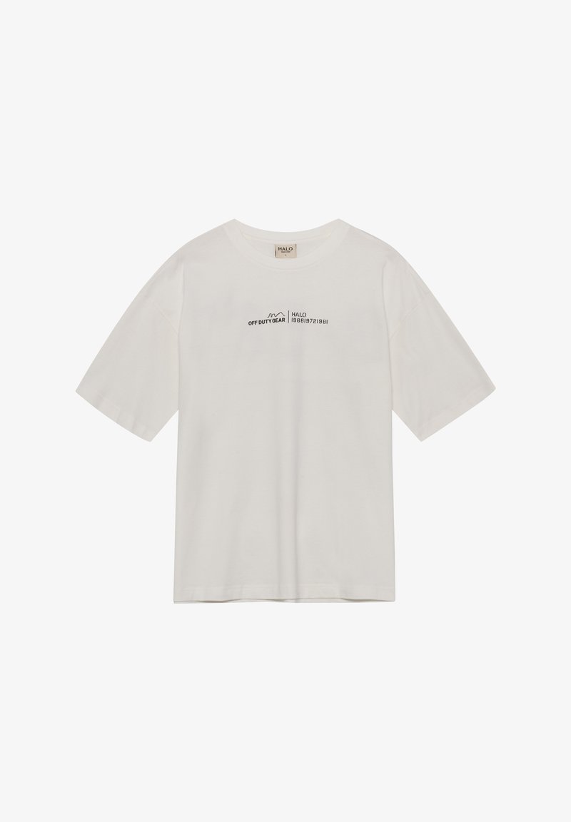 Witte T-shirt met korte mouwen, gemaakt van katoen, met een druk aan de voorkant met de tekst "OFF DUTY GEAR HALO 1986/972/1981." Ronde halsontwerp.
