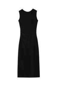 Sort, ærmeløs kjole med rund halsudskæring, der har en draperet detalje på siden og en glat, skinnende tekstur. Halvlængdesnit.