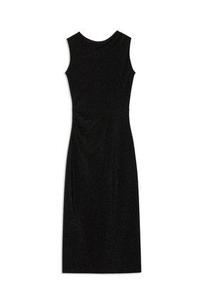 Crna, bez rukava, haljina s okruglim izrezom, s drapiranim detaljem sa strane i glatkom, sjajnom teksturom. Srednje dugačka kroja.