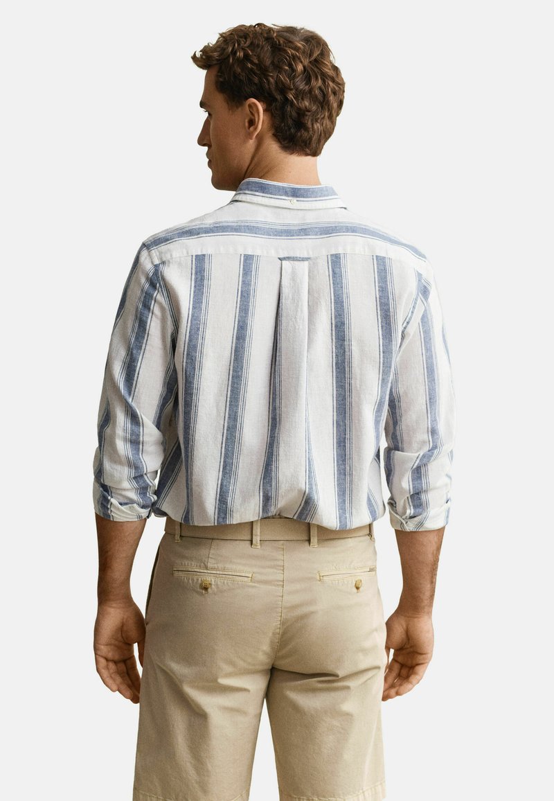 Mann trägt ein weißes Hemd mit vertikalen blauen Streifen und beigen Shorts, von hinten vor einem schlichten Hintergrund gesehen.