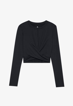Schwarzes, langärmeliges Crop-Top aus glattem, dehnbarem Material mit einer verdrehten Vorderseite und einem gerundeten Ausschnitt.