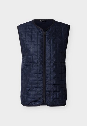 Tamnoplava prsluk bez rukava s prošivenim uzorkom križa, patentnim zatvaračem sprijeda i malim utisnutim logotipom EA7 Emporio Armani na prsištu.