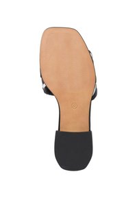 Black shoe sole with a textured rubberized edge and a light brown insole featuring curved grooves, marked with size 37.