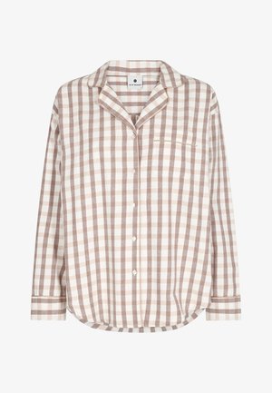 Brun og hvid ternet skjorte med knap, krave, lange ærmer, brystlomme og kontrastfarvet piping. Blød stoftekstur.