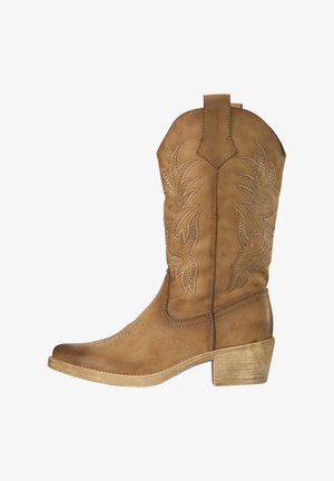 Leren cowboylaars in kastanjebruin met decoratieve stiksels, tot halverwege de kuit en een gestapelde houten hak.