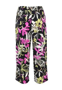 Spodnie o szerokich nogawkach w kwiatowy wzór z elastyczną talią. Charakteryzują się odważnymi różowymi, białymi i zielonymi kwiatami na czarnym tle. Wykonane z lekkiego materiału.
