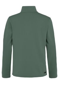 Pullover a maniche lunghe in tessuto verde scuro con colletto alto e texture liscia. Design minimalista senza motivi o accenti visibili.