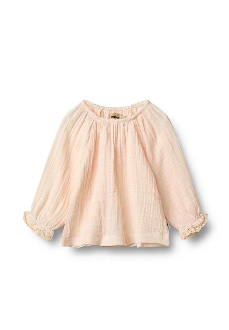 Šviesiai rožinė palaidinė, pagaminta iš minkštos tekstūruotos medžiagos, su surinktu apykaklės dizainu ir nėriniu apdailintomis pūkuotomis rankovėmis. Laisva forma.