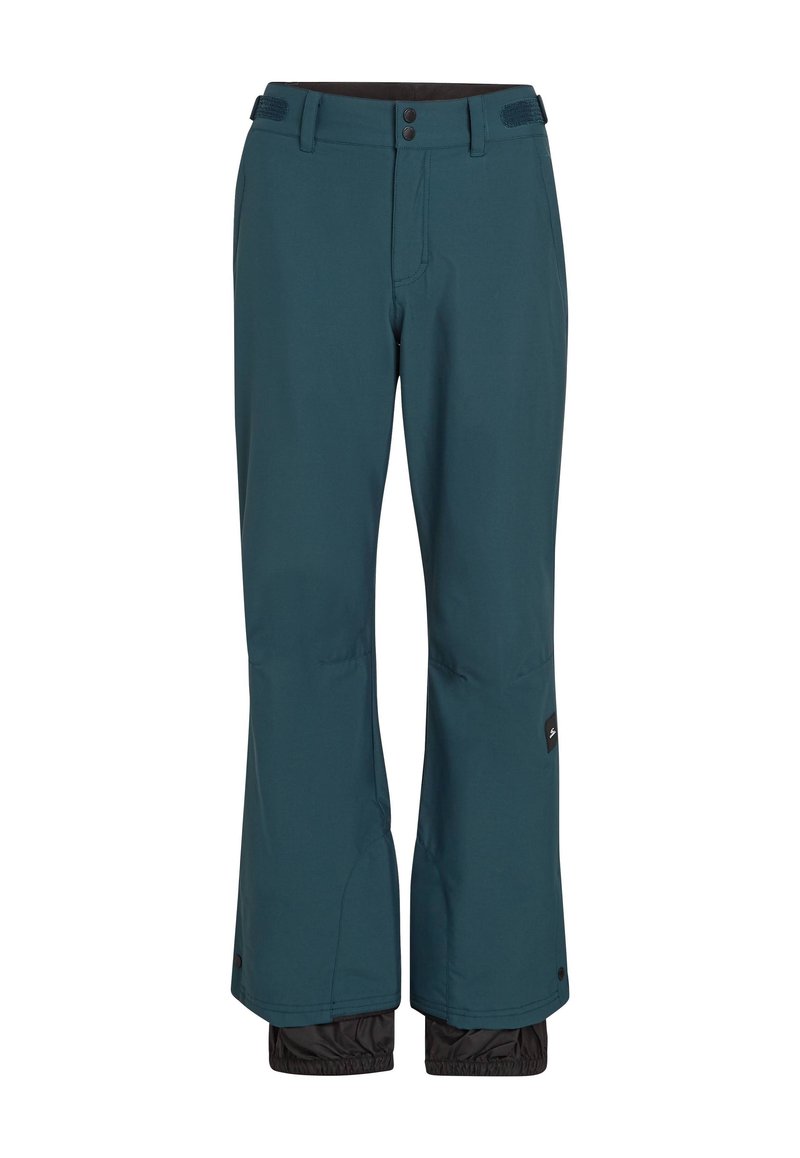 Teal waterdichte skibroek met een ontspannen pasvorm, voorzien van een verstelbare tailleband, twee voorkantzakken en verstevigde onderkanten.