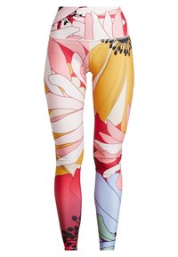 Leggings taille haute, fabriqués en tissu extensible, ornés d'un motif floral coloré dans des teintes de rose, jaune et bleu.