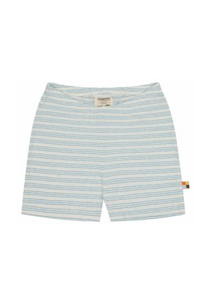 Lichtblauwe en witte gestreepte katoenen shorts met een elastische tailleband en een kleurrijke stoffen label aan de zijkant. Zachte textuur, casual ontwerp.