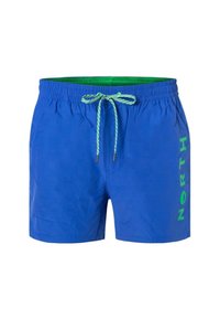 Pantaloni da bagno blu con vita elasticizzata e cordoncino verde. "NORTH" stampato in verde sul lato destro. Tessuto liscio e leggero.