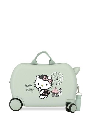 Maleta de ruedas de color verde menta para niño, con una ilustración en la parte frontal de Hello Kitty con un lazo, una noria y un carrusel.