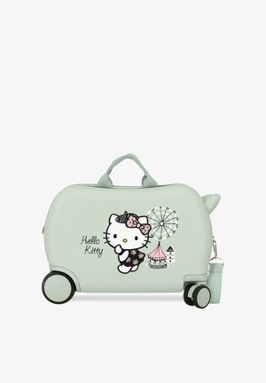 Maleta de ruedas de color verde menta para niño, con una ilustración en la parte frontal de Hello Kitty con un lazo, una noria y un carrusel.