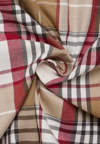 Plaid fabric in red, white, black, and tan; combines check patterns with a woven texture; smooth, lightweight material with a soft drape.